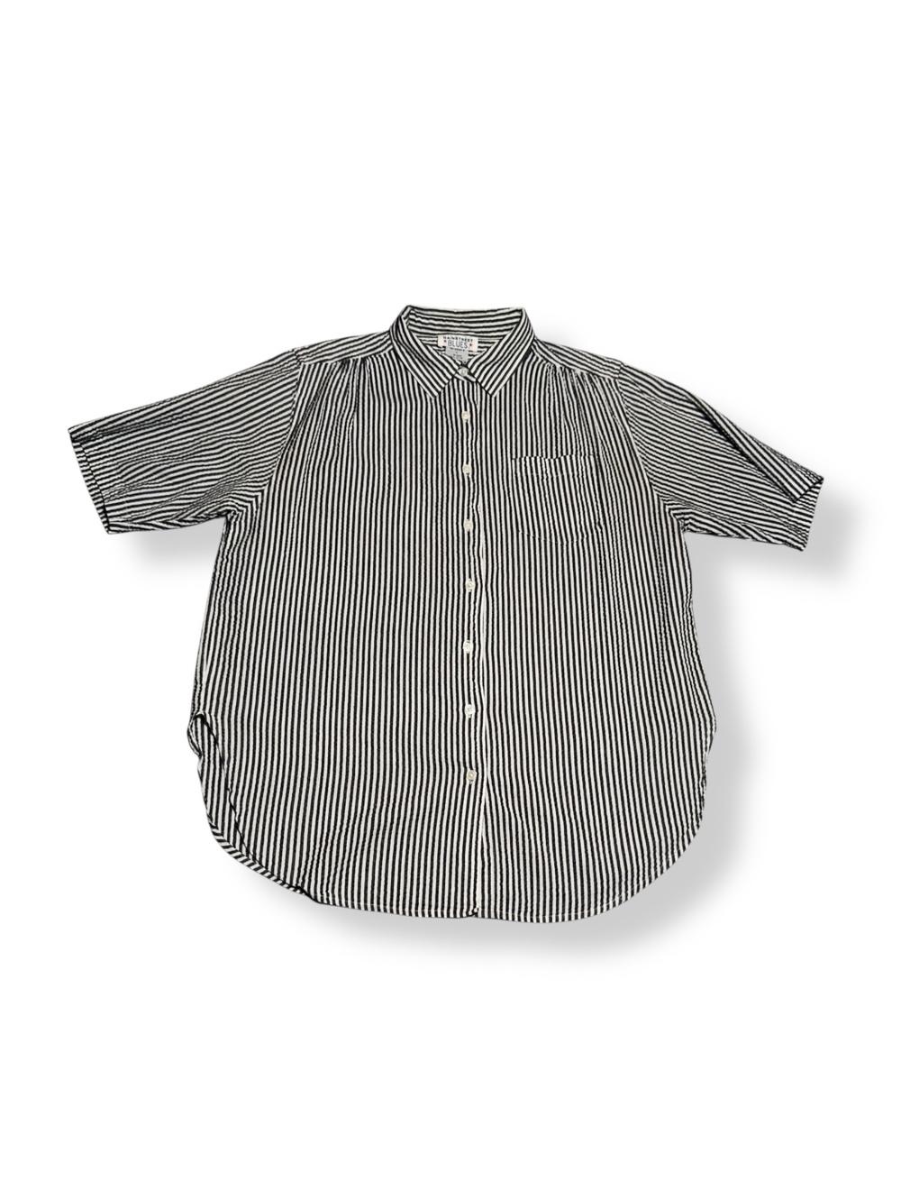 Vintage Mainstreet Blues Black and White Striped Cotton Button-Up Shirt Large